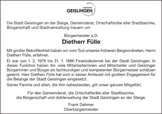 Traueranzeige von Dietherr Fülle von Geislinger Zeitung