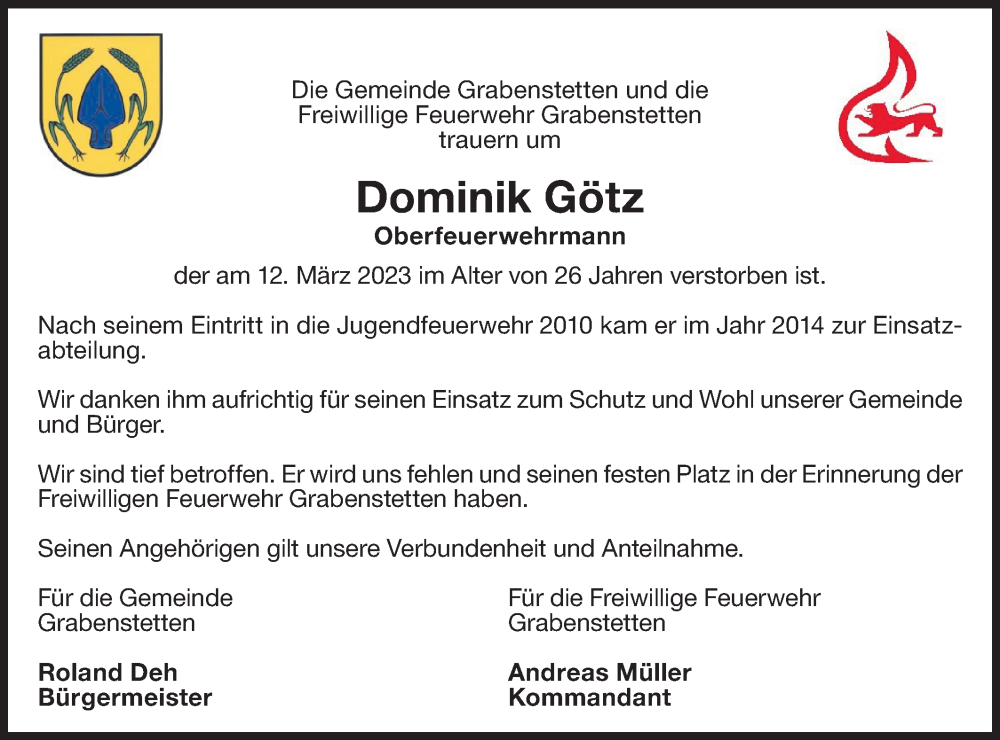  Traueranzeige für Dominik Götz vom 21.03.2023 aus Metzinger-Uracher Volksblatt