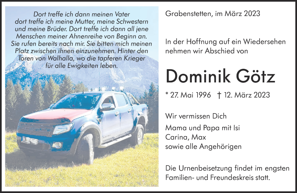  Traueranzeige für Dominik Götz vom 18.03.2023 aus Alb-Bote/Metzinger-Uracher Volksblatt