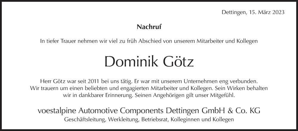  Traueranzeige für Dominik Götz vom 18.03.2023 aus Metzinger-Uracher Volksblatt