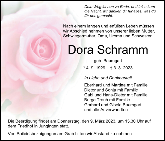 Traueranzeige von Dora Schramm von Metzinger-Uracher Volksblatt