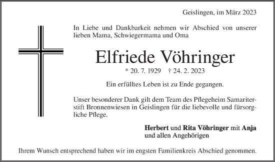 Traueranzeige von Elfriede Vöhringer von Geislinger Zeitung