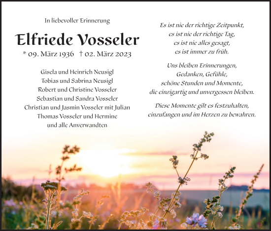 Traueranzeige von Elfriede Vosseler von Metzinger-Uracher Volksblatt
