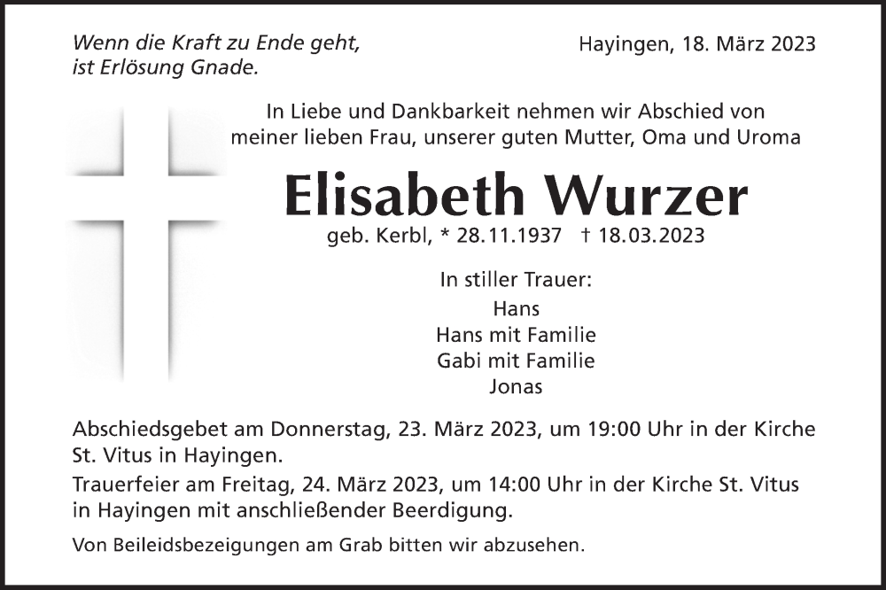  Traueranzeige für Elisabeth Wurzer vom 22.03.2023 aus Alb-Bote/Metzinger-Uracher Volksblatt