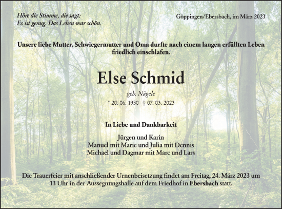 Traueranzeige von Else Schmid von NWZ Neue Württembergische Zeitung