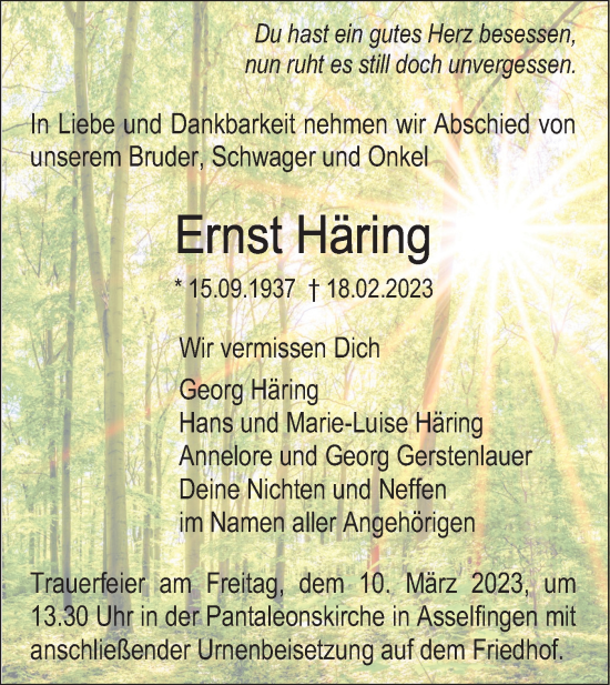 Traueranzeige von Ernst Häring von SÜDWEST PRESSE Ausgabe Ulm/Neu-Ulm