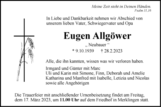 Traueranzeige von Eugen Allgöwer von SÜDWEST PRESSE Ausgabe Ulm/Neu-Ulm