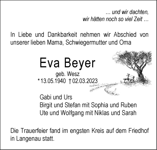 Traueranzeige von Eva Beyer von SÜDWEST PRESSE Ausgabe Ulm/Neu-Ulm