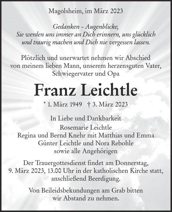 Traueranzeige von Franz Leichtle von Alb-Bote/Metzinger-Uracher Volksblatt