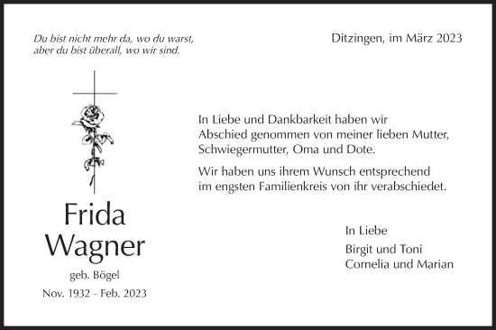 Traueranzeige von Frida Wagner von Alb-Bote/Metzinger-Uracher Volksblatt