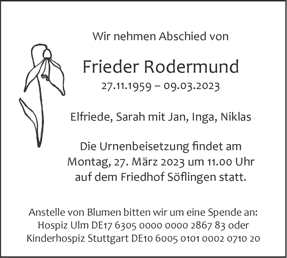  Traueranzeige für Frieder Rodermund vom 18.03.2023 aus SÜDWEST PRESSE Ausgabe Ulm/Neu-Ulm