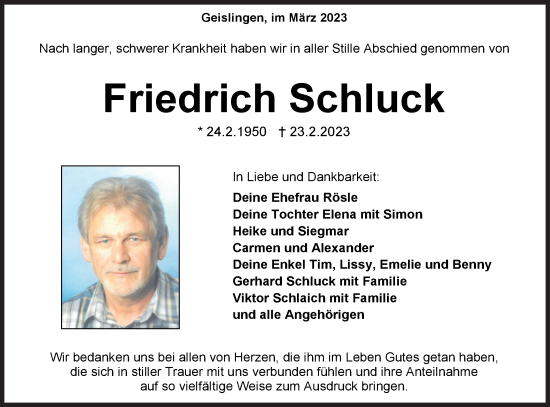 Traueranzeige von Friedrich Schluck von Metzinger-Uracher Volksblatt