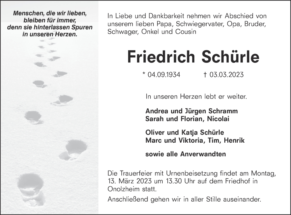  Traueranzeige für Friedrich Schürle vom 09.03.2023 aus Hohenloher Tagblatt
