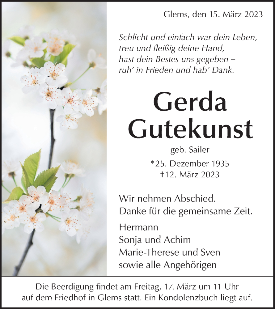  Traueranzeige für Gerda Gutekunst vom 15.03.2023 aus Metzinger-Uracher Volksblatt