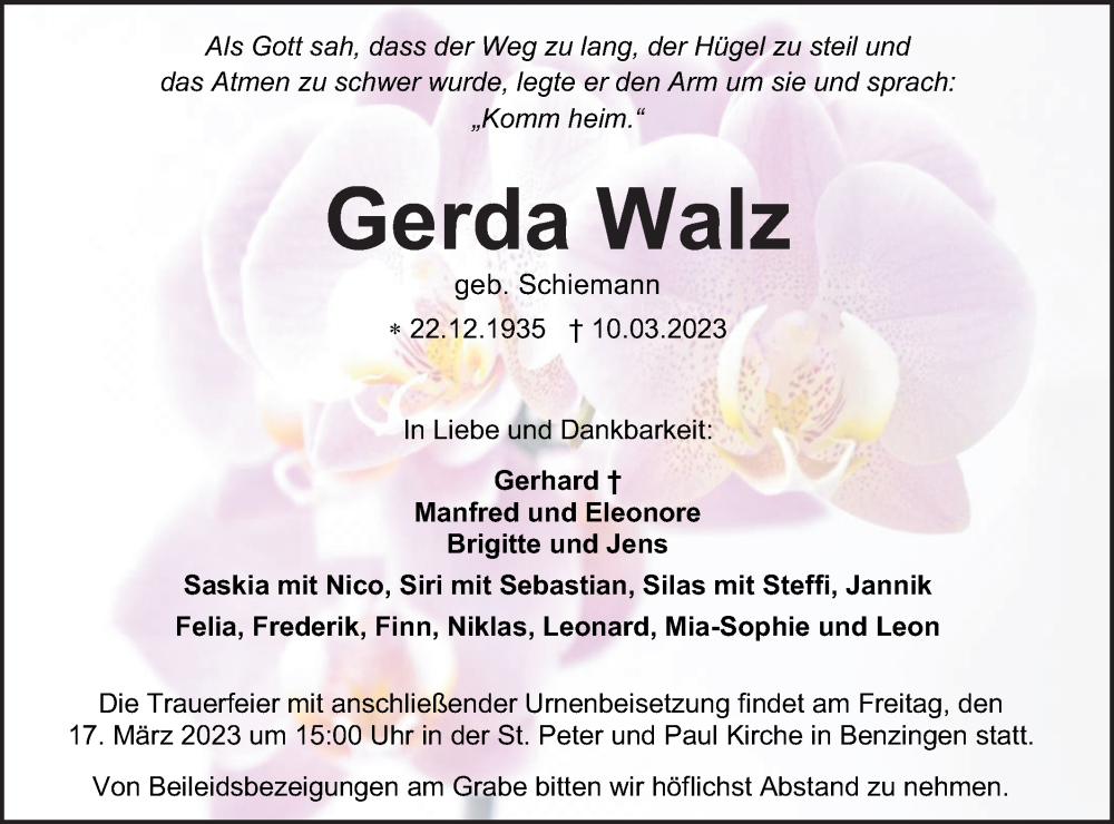  Traueranzeige für Gerda Walz vom 16.03.2023 aus Metzinger-Uracher Volksblatt