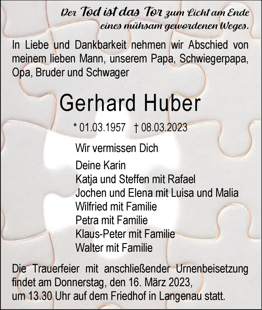  Traueranzeige für Gerhard Huber vom 11.03.2023 aus SÜDWEST PRESSE Ausgabe Ulm/Neu-Ulm
