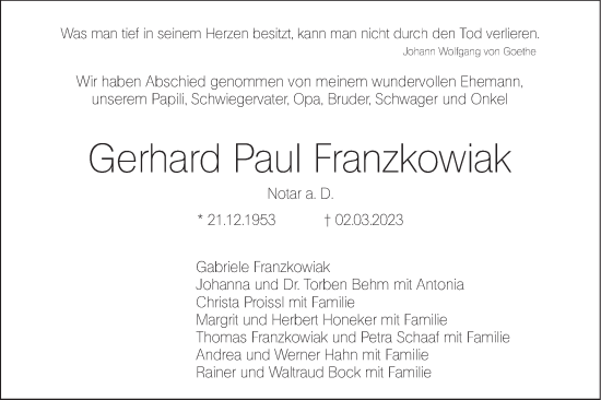 Traueranzeige von Gerhard Paul Franzkowiak von Haller Tagblatt