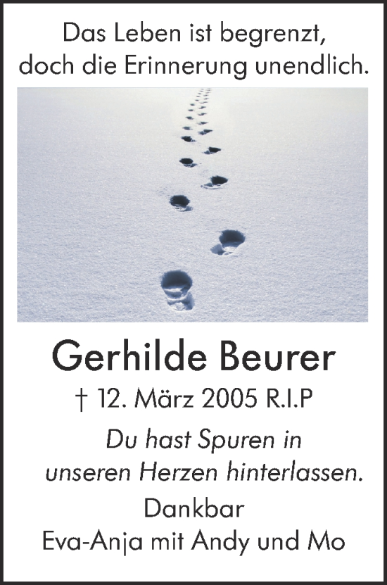 Traueranzeige von Gerhilde Beurer von SÜDWEST PRESSE Ausgabe Ulm/Neu-Ulm