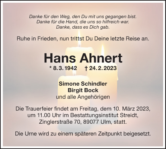Traueranzeige von Hans Ahnert von SÜDWEST PRESSE Ausgabe Ulm/Neu-Ulm