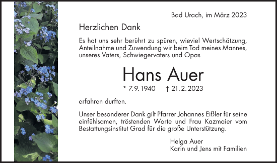 Traueranzeige von Hans Auer von Metzinger-Uracher Volksblatt