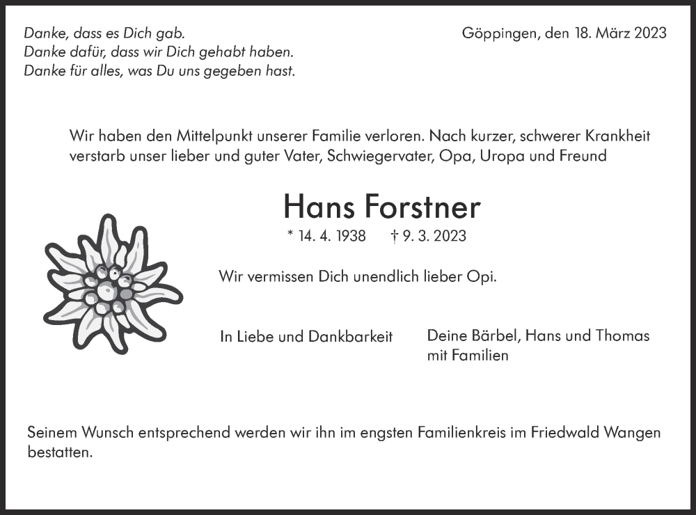 Traueranzeige für Hans Forstner vom 18.03.2023 aus NWZ Neue Württembergische Zeitung