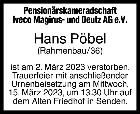 Traueranzeige von Hans Pöbel von SÜDWEST PRESSE Ausgabe Ulm/Neu-Ulm