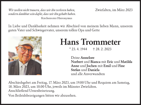 Traueranzeige von Hans Trommeter von Alb-Bote/Metzinger-Uracher Volksblatt