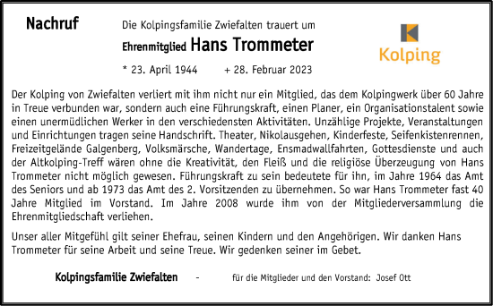 Traueranzeige von Hans Trommeter von Alb-Bote/Metzinger-Uracher Volksblatt