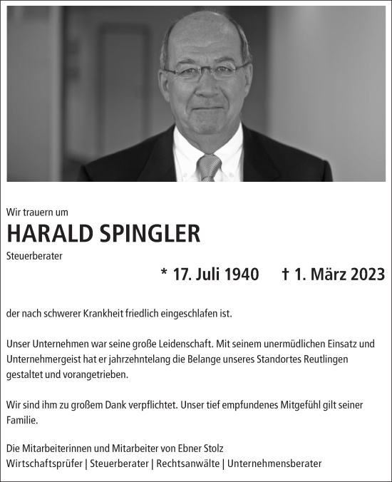 Traueranzeige von Harald Springler von Metzinger-Uracher Volksblatt