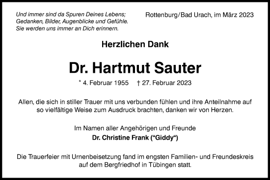Traueranzeige von Hartmut Sauter von Metzinger-Uracher Volksblatt