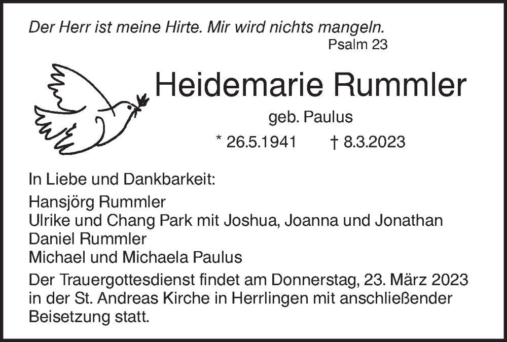  Traueranzeige für Heidemarie Rummler vom 17.03.2023 aus SÜDWEST PRESSE Ausgabe Ulm/Neu-Ulm