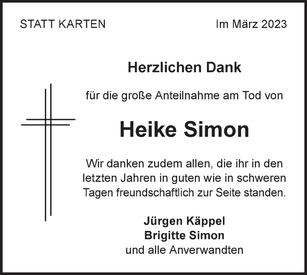  Traueranzeige für Heike Simon vom 09.03.2023 aus Geislinger Zeitung