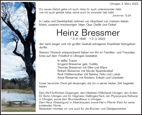 Traueranzeige von Heinz Bressmer von NWZ Neue Württembergische Zeitung