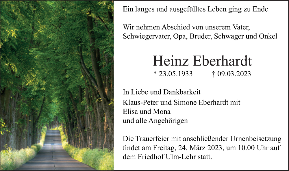  Traueranzeige für Heinz Eberhardt vom 18.03.2023 aus SÜDWEST PRESSE Ausgabe Ulm/Neu-Ulm
