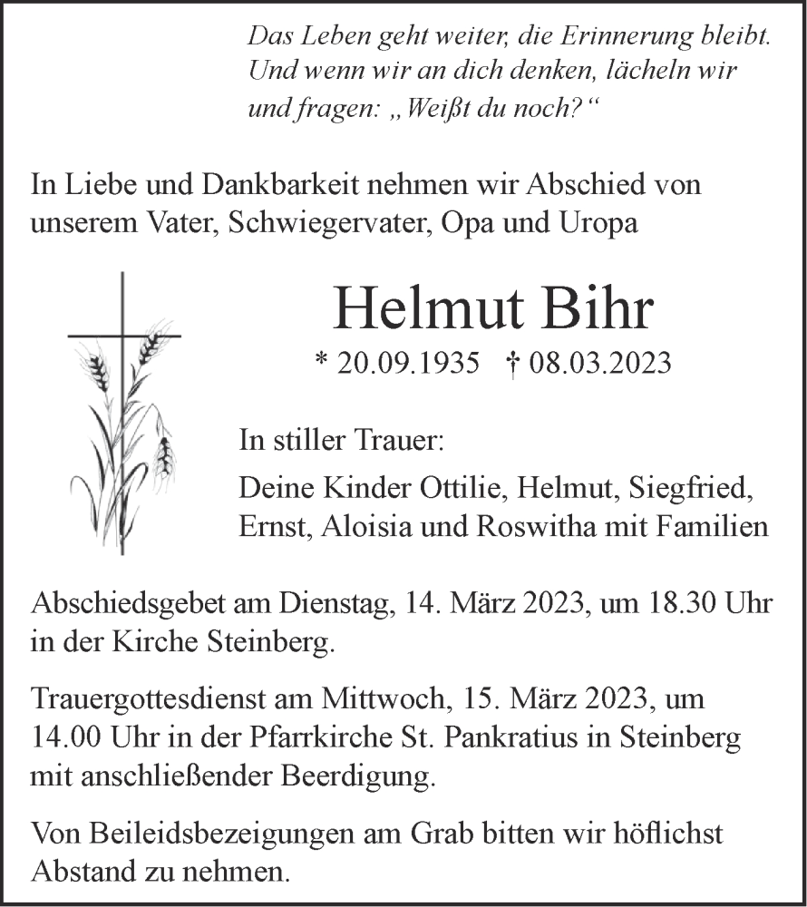  Traueranzeige für Helmut Bihr vom 11.03.2023 aus SÜDWEST PRESSE Ausgabe Ulm/Neu-Ulm