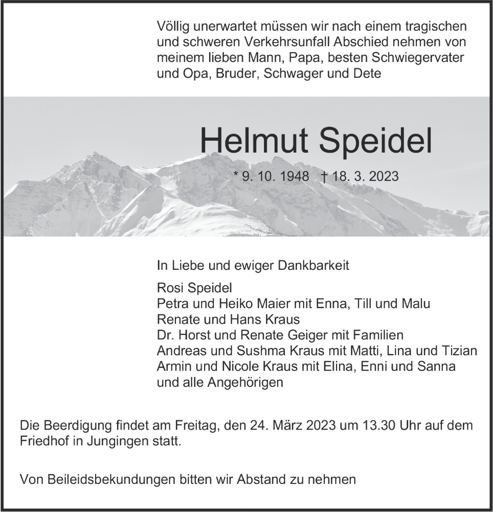  Traueranzeige für Helmut Speidel vom 22.03.2023 aus Metzinger-Uracher Volksblatt