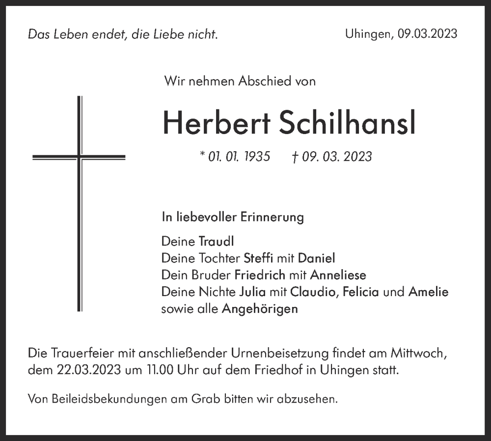  Traueranzeige für Herbert Schilhansl vom 18.03.2023 aus NWZ Neue Württembergische Zeitung