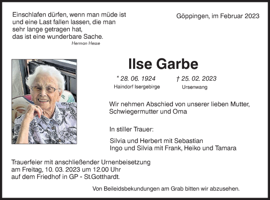 Traueranzeige von Ilse Garbe von NWZ Neue Württembergische Zeitung