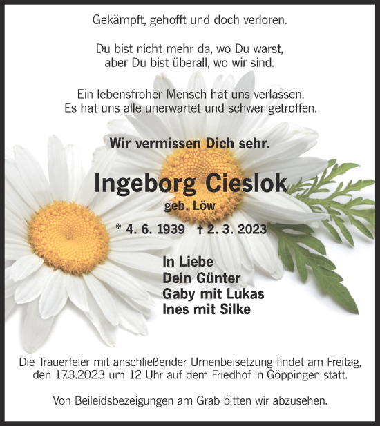 Traueranzeige von Ingeborg Cieslok von NWZ Neue Württembergische Zeitung