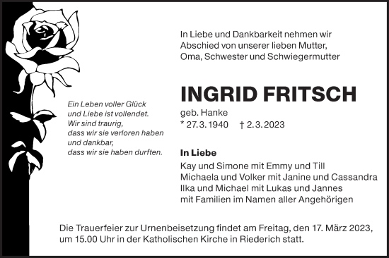 Traueranzeige von Ingrid Fritsch von Metzinger-Uracher Volksblatt