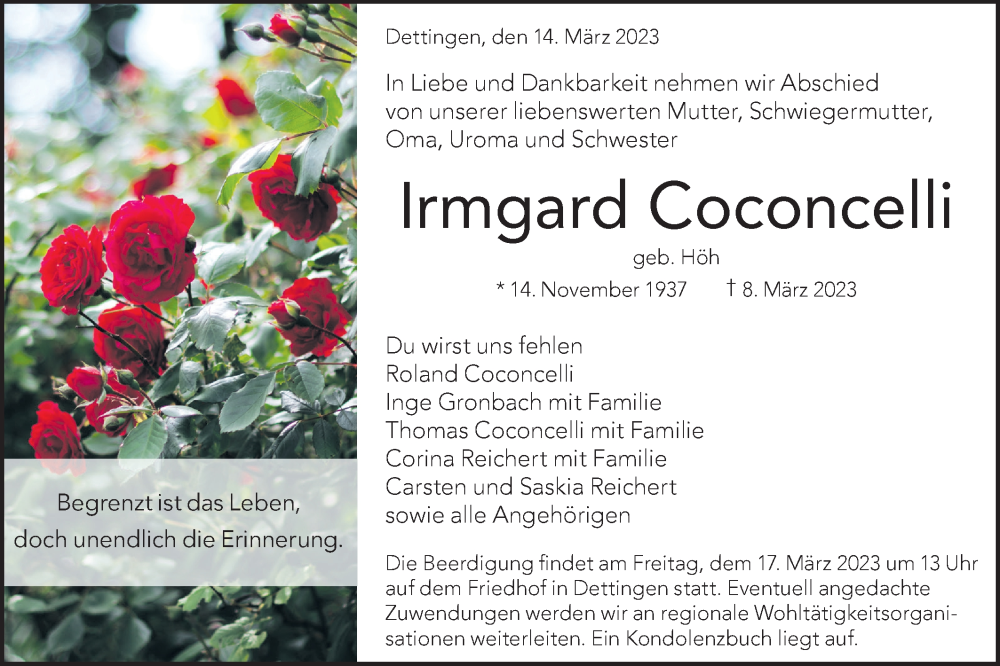  Traueranzeige für Irmgard Coconcelli vom 14.03.2023 aus Metzinger-Uracher Volksblatt
