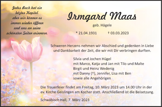 Traueranzeige von Irmgard Maas von Haller Tagblatt