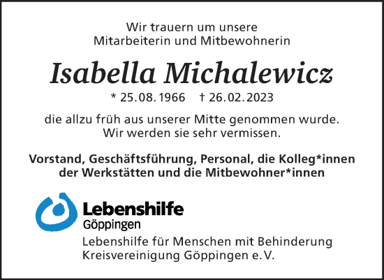 Traueranzeige von Isabella Michalewicz von NWZ Neue Württembergische Zeitung