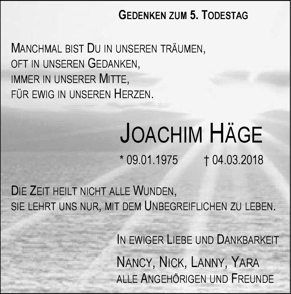  Traueranzeige für Joachim Häge vom 04.03.2023 aus SÜDWEST PRESSE Ausgabe Ulm/Neu-Ulm