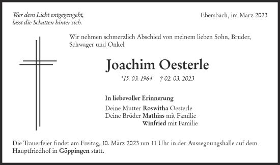 Traueranzeige von Joachim Oesterle von NWZ Neue Württembergische Zeitung