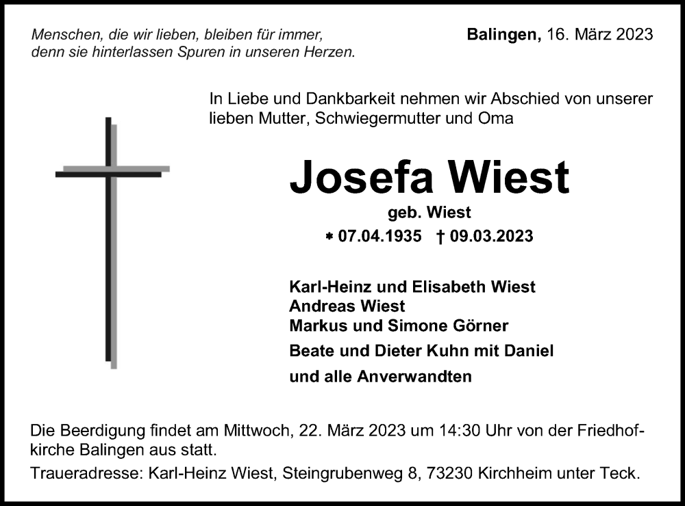  Traueranzeige für Josefa Wiest vom 16.03.2023 aus Metzinger-Uracher Volksblatt