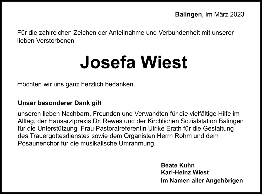  Traueranzeige für Josefa Wiest vom 29.03.2023 aus Metzinger-Uracher Volksblatt