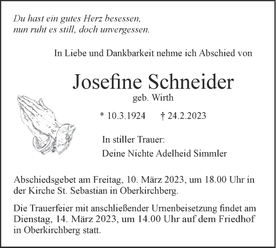 Traueranzeige von Josefine Schneider von SÜDWEST PRESSE Ausgabe Ulm/Neu-Ulm
