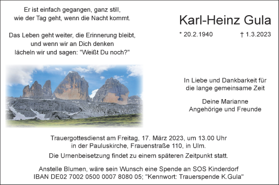 Traueranzeige von Karl-Heinz Gula von SÜDWEST PRESSE Ausgabe Ulm/Neu-Ulm