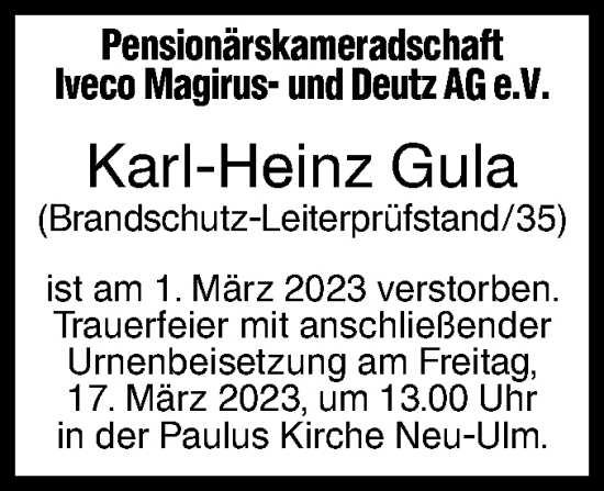 Traueranzeige von Karl-Heinz Gula von SÜDWEST PRESSE Ausgabe Ulm/Neu-Ulm